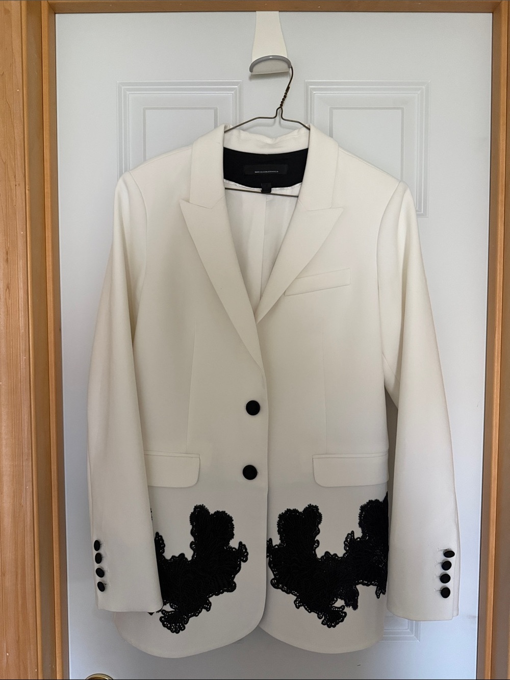 White House Black Market Ivory Blazer with Black Lace Appliqué